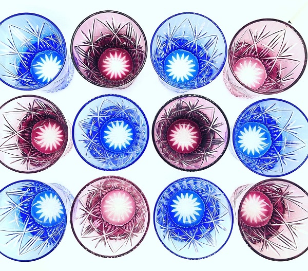 切子、ひし紋天開ロックグラス、青、金赤ペア