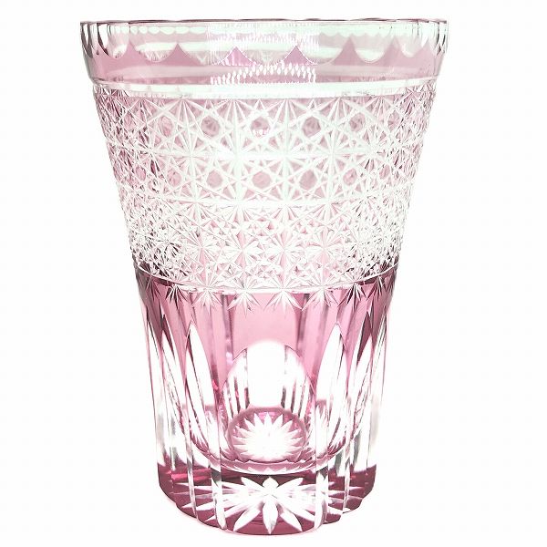 菊籠目に菊繋ぎタンブラー、切子、高級、タンブラー、金赤、伝統的な手法、切子作家