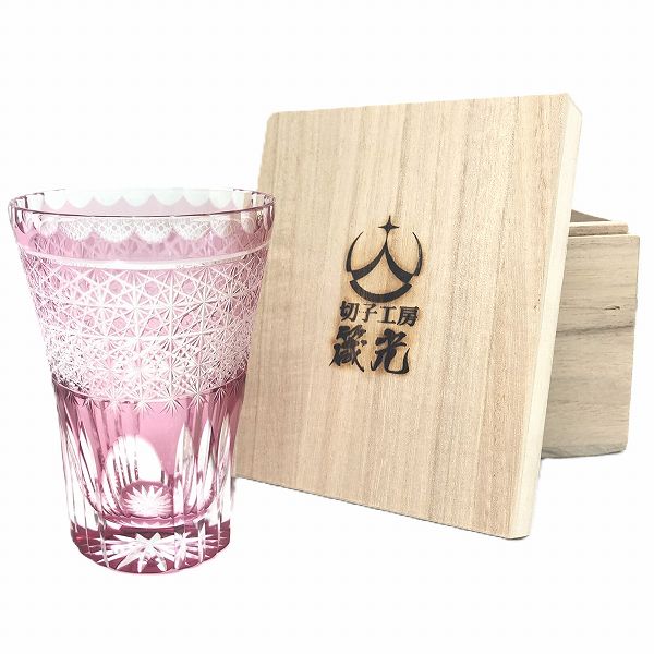 菊籠目に菊繋ぎタンブラー、切子、高級、タンブラー、金赤、伝統的な手法、切子作家