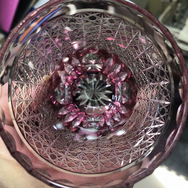 菊籠目に菊繋ぎタンブラー、切子、高級、タンブラー、金赤、伝統的な手法、切子作家