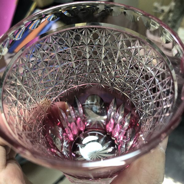 菊籠目に菊繋ぎタンブラー、切子、高級、タンブラー、金赤、伝統的な手法、切子作家