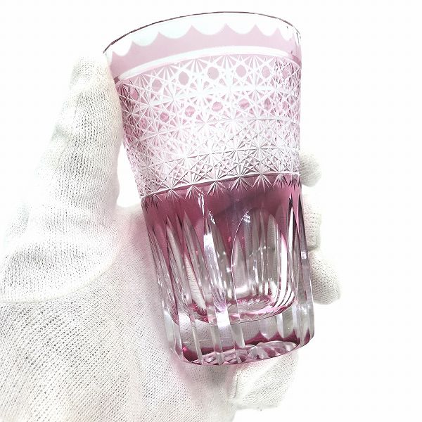 菊籠目に菊繋ぎタンブラー、切子、高級、タンブラー、金赤、伝統的な手法、切子作家