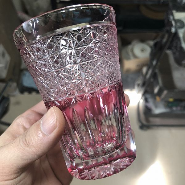 菊籠目に菊繋ぎタンブラー、切子、高級、タンブラー、金赤、伝統的な手法、切子作家