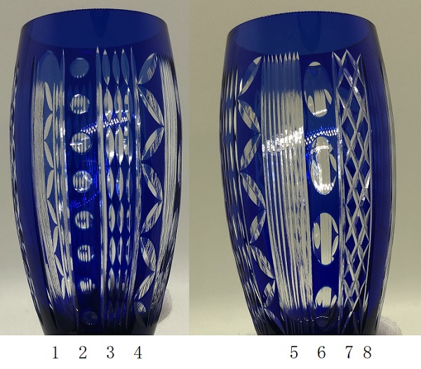 多文様フルートシャンパングラス、切子、文様解説